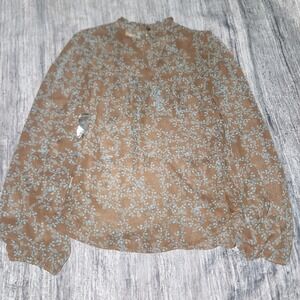 Ana a new approach Floral Blouse Top Brown Blue Sheer‎ Long Sleeve Small S